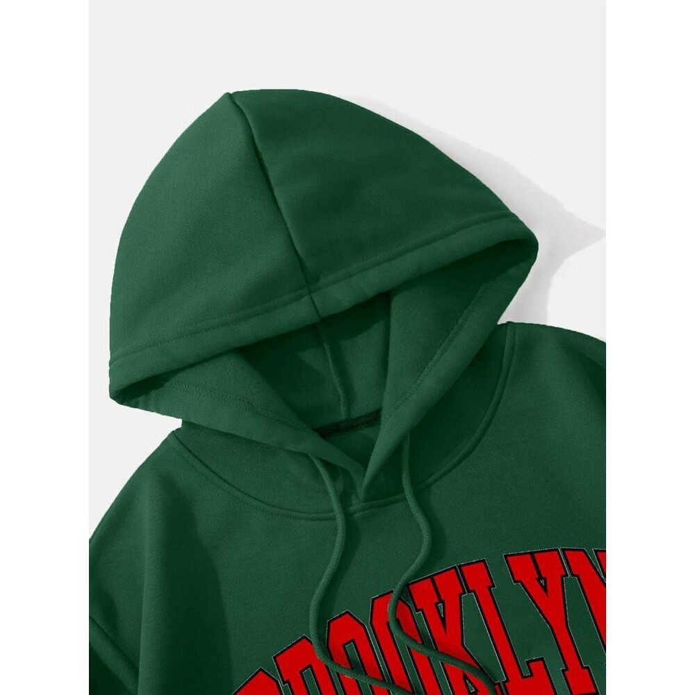 Women’s Cropped Hoodie Green Red Brooklyn Long Sleeve Drawstring Casual - Picture 3 of 4